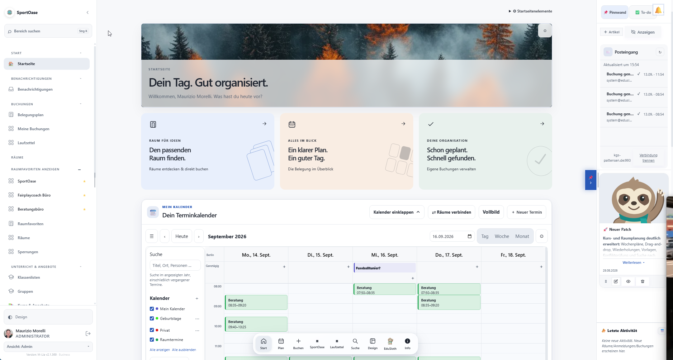 EduSlot im Studio-Design: Startseite mit Raumeinstiegen, persönlichem Kalender, Pinnwand und anpassbarer Taskbar